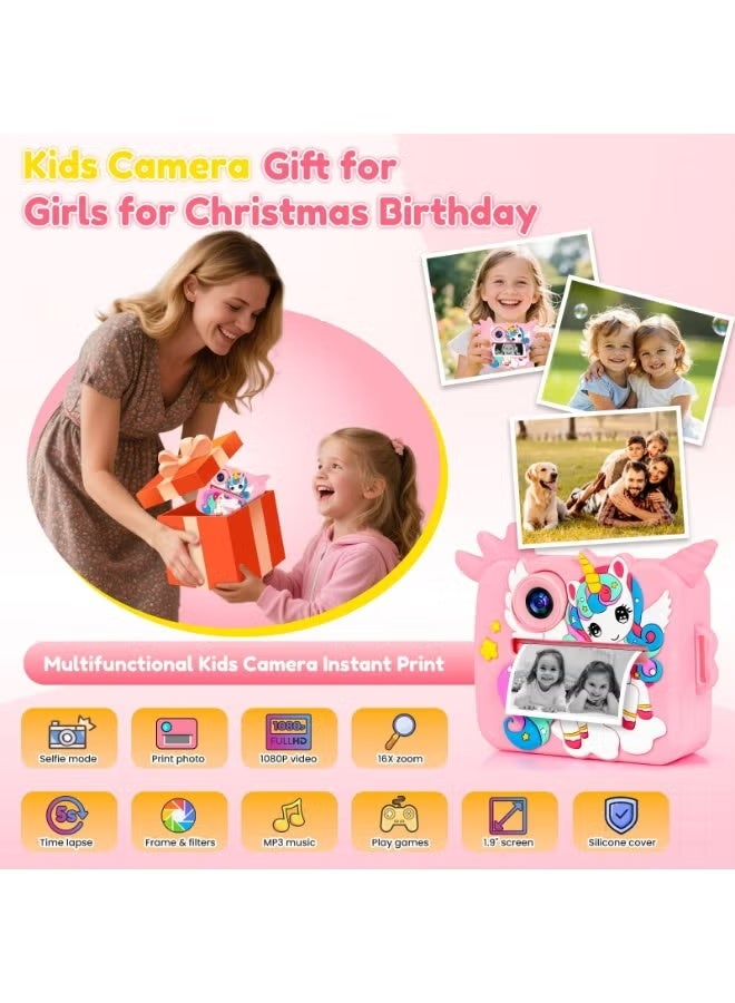 كاميرا طباعة فورية للأطفال، كاميرا رقمية للأطفال بدقة 1080P HD مع بطاقة SD سعة 32 جيجابايت، كاميرا لعبة زرافة من السيليكون بتكبير 16 ضعفًا، كاميرا فيديو ذاتية الصنع للتصوير الذاتي باستخدام الطباعة الحرارية بدون أحبار، هدية عيد ميلاد وفاجأة عيد الفصح (الوردية) - Image 3