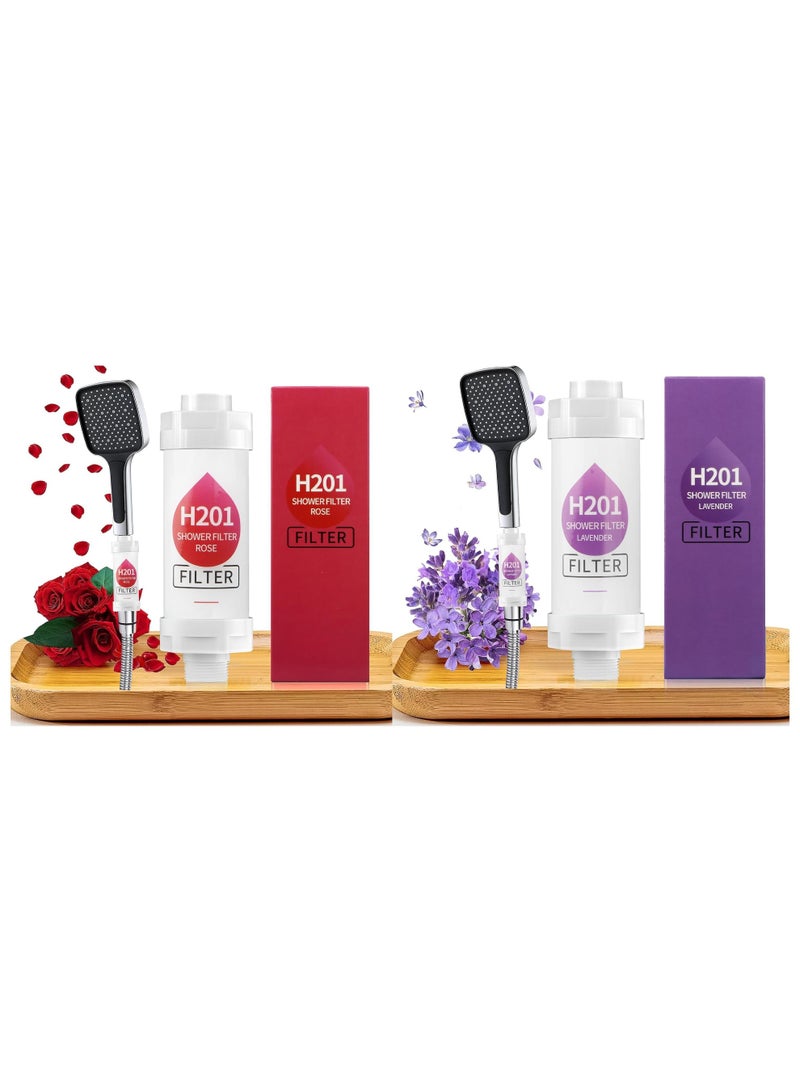 اتش 201 Pack of 2 فلتر دش بفيتامين C برائحة الورد والخزامى – فلاتر عطرية لتنعيم المياه العسرة، إزالة الكلور والفلورايد، للعناية بالبشرة والشعر، مناسب لجميع رؤوس الدش - Image 1