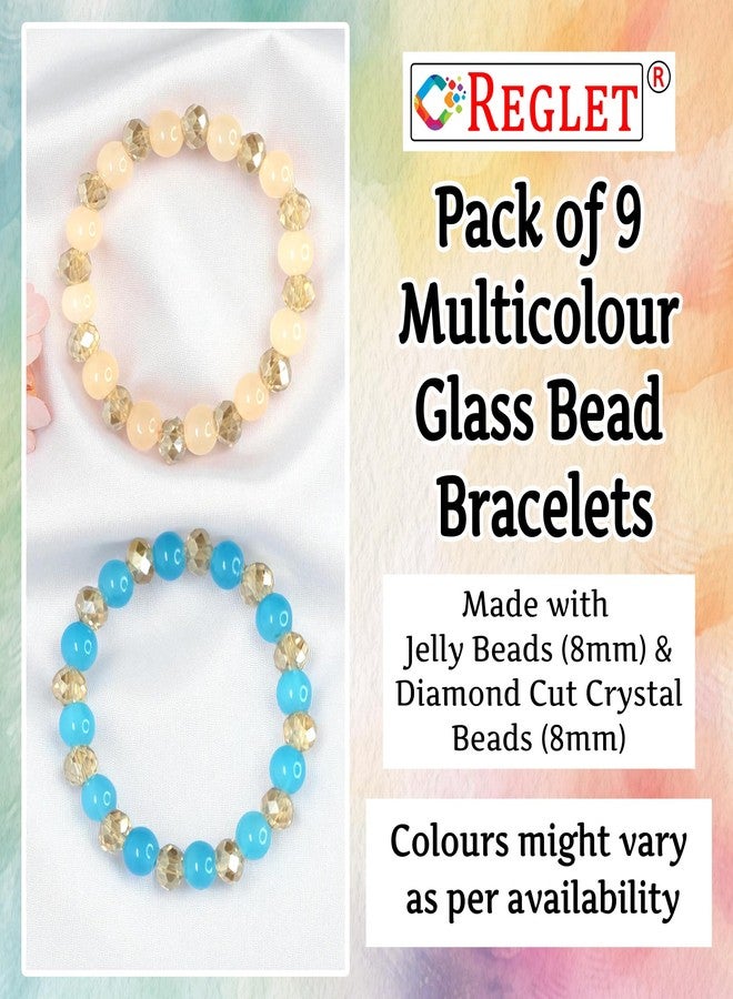 REGLET Pack of 9 Glass Bead Bracelet Set with Jelly & Diamond Cut Beads - Mullticolour - Stretchable Bracelets for Women, Girls Stylish - Adjustable - Image 2