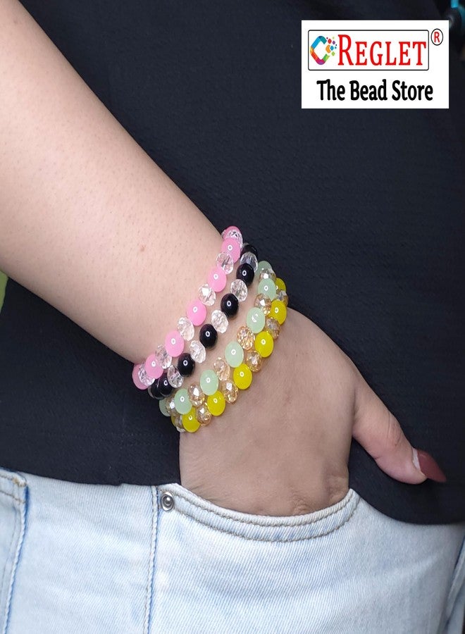 REGLET Pack of 9 Glass Bead Bracelet Set with Jelly & Diamond Cut Beads - Mullticolour - Stretchable Bracelets for Women, Girls Stylish - Adjustable - Image 4