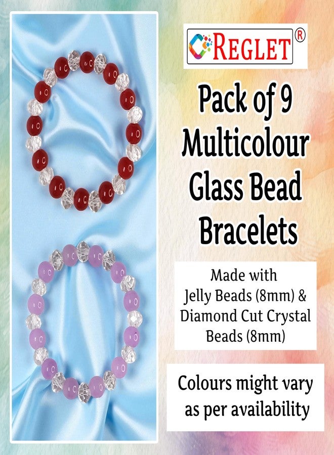 REGLET Pack of 9 Glass Bead Bracelet Set with Jelly & Diamond Cut Beads - Mullticolour - Stretchable Bracelets for Women, Girls Stylish - Adjustable - Image 3