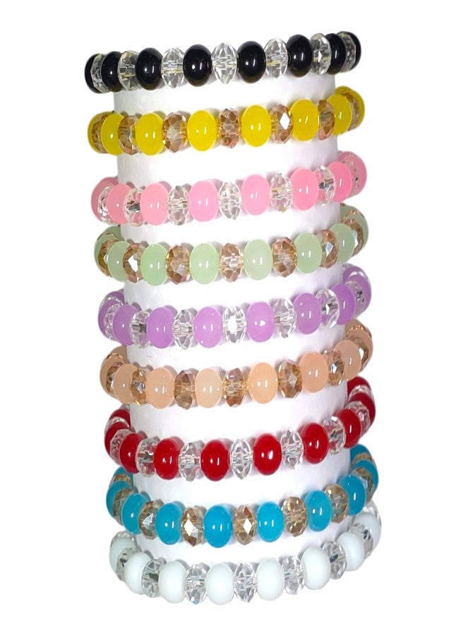 REGLET Pack of 9 Glass Bead Bracelet Set with Jelly & Diamond Cut Beads - Mullticolour - Stretchable Bracelets for Women, Girls Stylish - Adjustable - Image 1