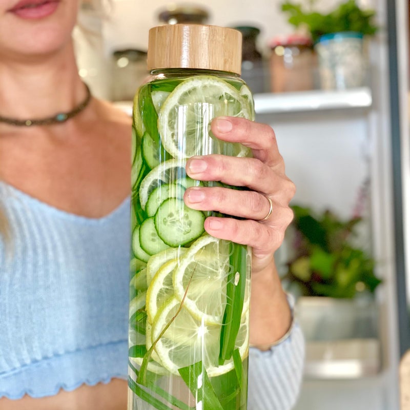 mayu Portable Container Water Bottle With Bamboo Lid - Eco Friendly & BPA Free Borosilicate Glass Infuser Bottle - Leak Free Design - For Storage, Everyday Use And Non-Toxic Hydration - 51oz 1.5L - Image 4