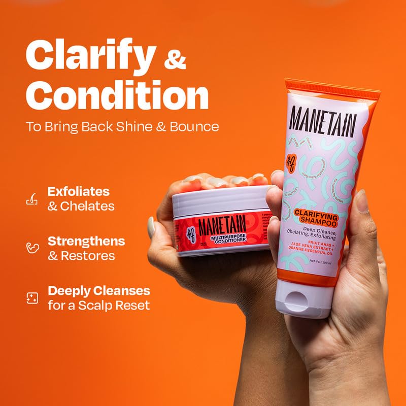 MANETAIN Squeaky Clean Clarifying Shampoo 100ml & Multipurpose Conditioner 100gm | Curl Enhancing, Frizz Control, Protein-Moisture Balance | Hard Water, Product Buildup & Scalp Reset | For All Hair Types | For Men & Women - Image 2