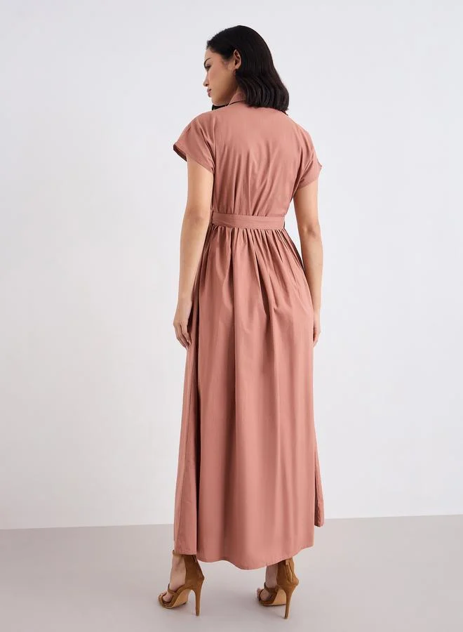 Styli Styli Brown Shirt Maxi Dress with Tie-Belt