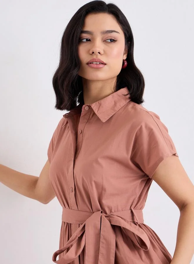 Styli Styli Brown Shirt Maxi Dress with Tie-Belt