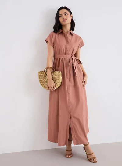Styli Styli Brown Shirt Maxi Dress with Tie-Belt
