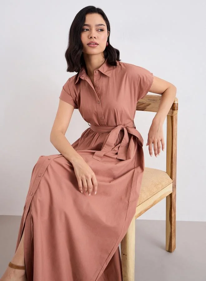 Styli Styli Brown Shirt Maxi Dress with Tie-Belt
