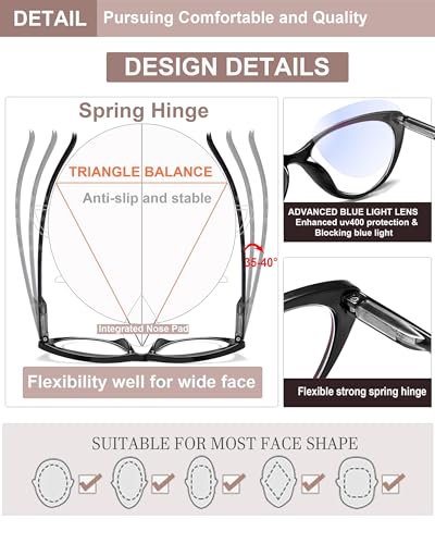 EYEURL 4-Pack Reading Glasses for Women-Cat Eye Blue Light Blocking Fashion Reader mit Spring Hinge,Anti-Glare Cat Eye Reading Glasses for Women,2.0 - Image 5