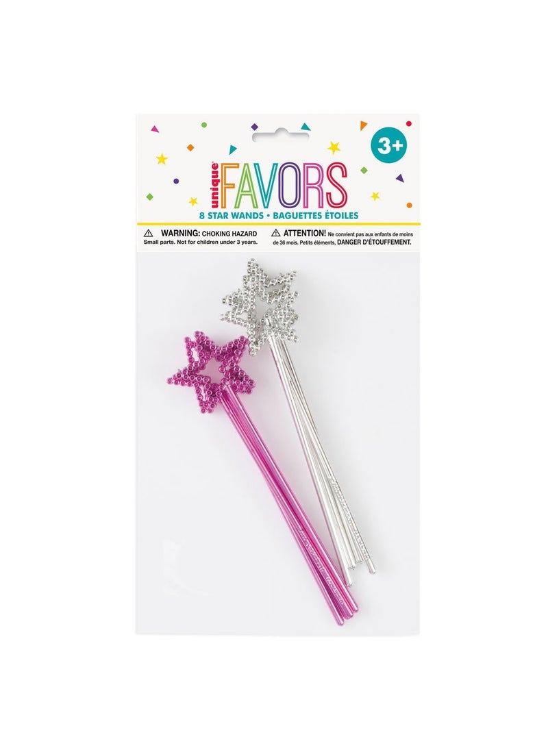 Unique Star Wands Pink Silver Plastic 17cm Magic 8-Pack