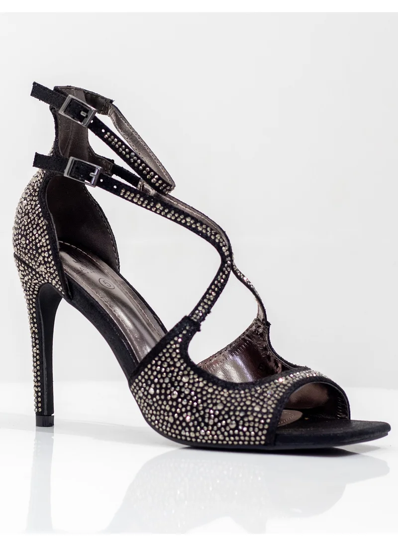 LAMARAPARIS Ekani studded asym bands 10cm heel sandal black