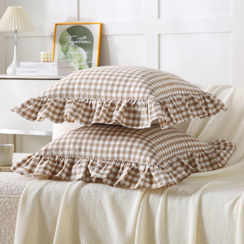 Aryeleay 2 Pack Taupe White Plaid Ruffle Throw Pillow Covers, 100% Cotton Gingham Checkered Farmhouse Decorative Pillow Shams for Bed/Sofa-20 x20 - Image 2