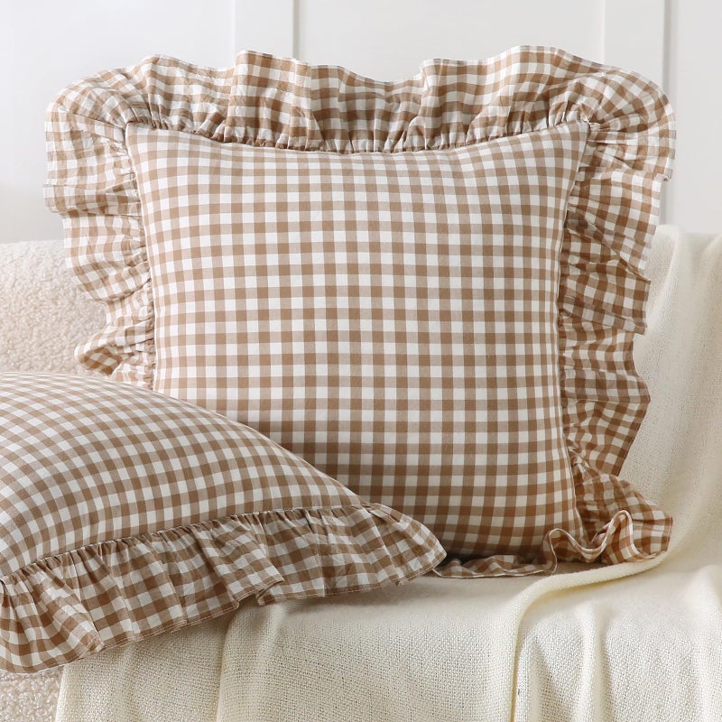 Aryeleay 2 Pack Taupe White Plaid Ruffle Throw Pillow Covers, 100% Cotton Gingham Checkered Farmhouse Decorative Pillow Shams for Bed/Sofa-20 x20 - Image 1
