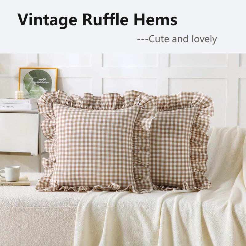Aryeleay 2 Pack Taupe White Plaid Ruffle Throw Pillow Covers, 100% Cotton Gingham Checkered Farmhouse Decorative Pillow Shams for Bed/Sofa-20 x20 - Image 3