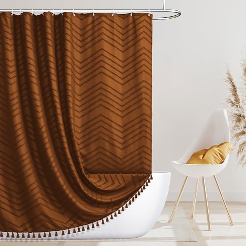 Siiluminisoy Boho Shower Curtain with Tassel Woven Fabric Pumpkin Orange Shower Curtain 72 x 72 Modern Farmhouse Textured Tufted Chevron Striped Minimalist Bathroom Shower Curtain - Image 1