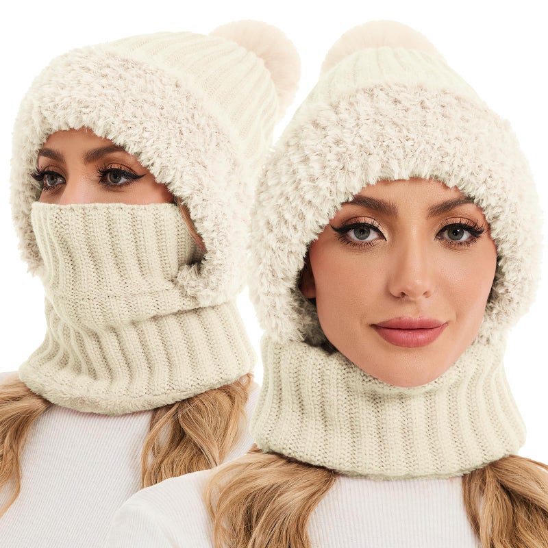 Sumolux 3 in 1 Beanie Hats for Women Fleece Lined Scarf and Mask Outdoors Windproof Knitted Ski Mask Set Beige - Image 1