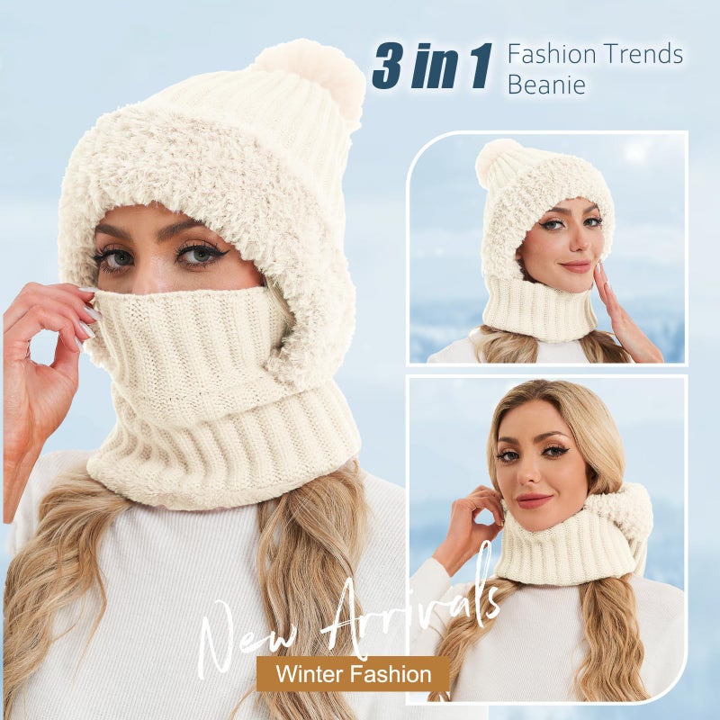 Sumolux 3 in 1 Beanie Hats for Women Fleece Lined Scarf and Mask Outdoors Windproof Knitted Ski Mask Set Beige - Image 4