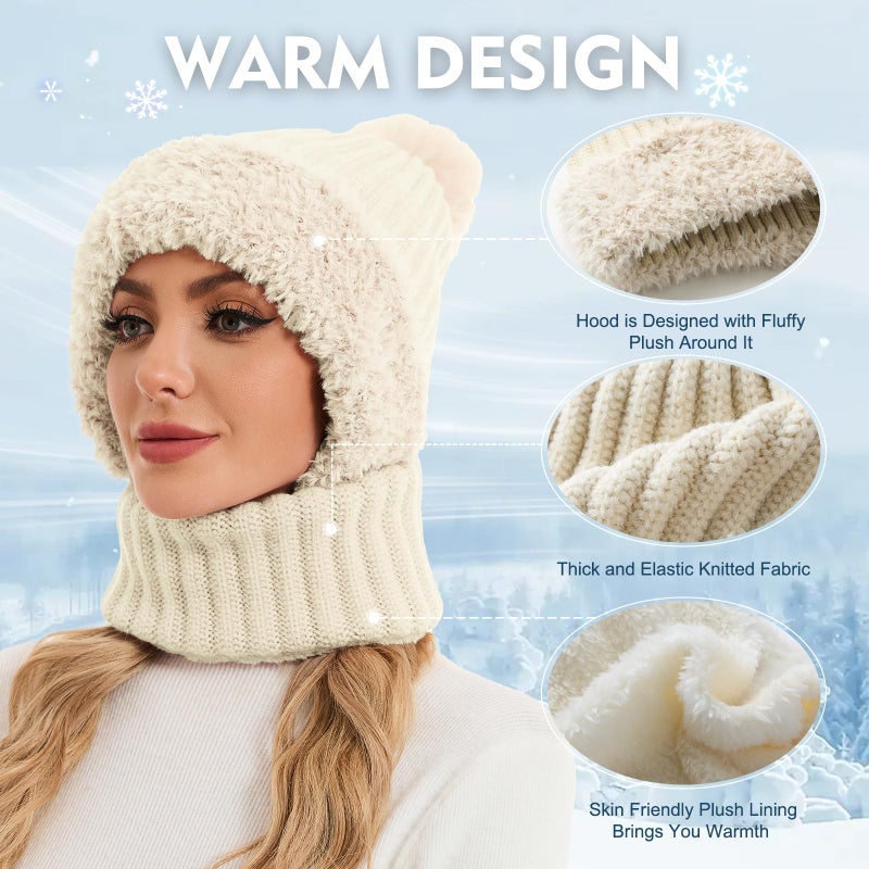 Sumolux 3 in 1 Beanie Hats for Women Fleece Lined Scarf and Mask Outdoors Windproof Knitted Ski Mask Set Beige - Image 2