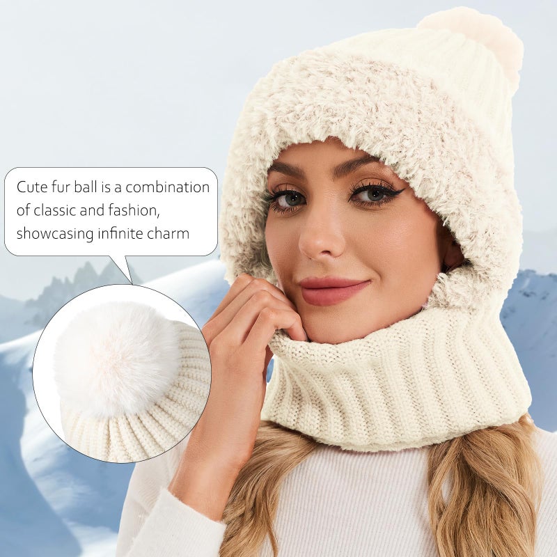 Sumolux 3 in 1 Beanie Hats for Women Fleece Lined Scarf and Mask Outdoors Windproof Knitted Ski Mask Set Beige - Image 3