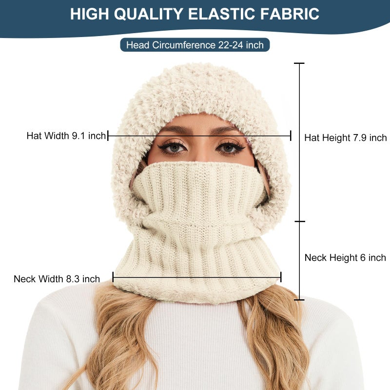 Sumolux 3 in 1 Beanie Hats for Women Fleece Lined Scarf and Mask Outdoors Windproof Knitted Ski Mask Set Beige - Image 5
