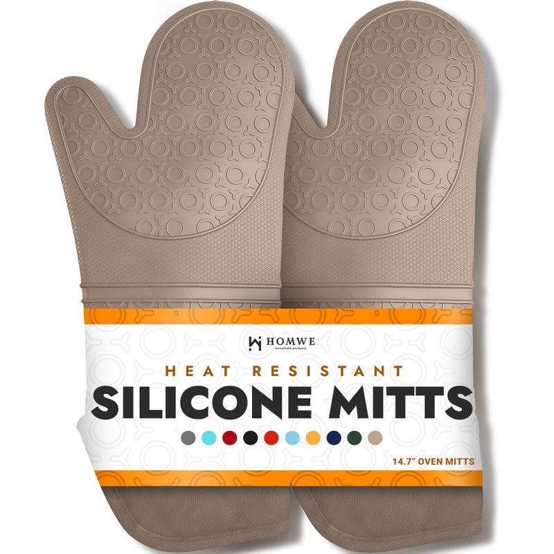 BPAFree Silicone Oven Mitts Ultra Heat Resistant up to 500F Oven Mitts with Thick Cotton Liner Long Slip Resistant Pot Holders Flexible Oven Gloves Beige 147