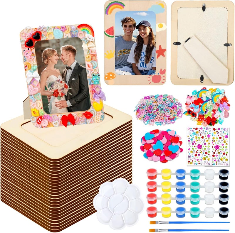 JMUQ Picture Frame Painting Craft Kit,24 Pack Unfinished Wooden Picture Frames 4 x 6 Inch with Pearl Resin Diamond and Foam Stickers for DIY Paint and Decorate Craft Birthday Wedding Gifts - Image 1