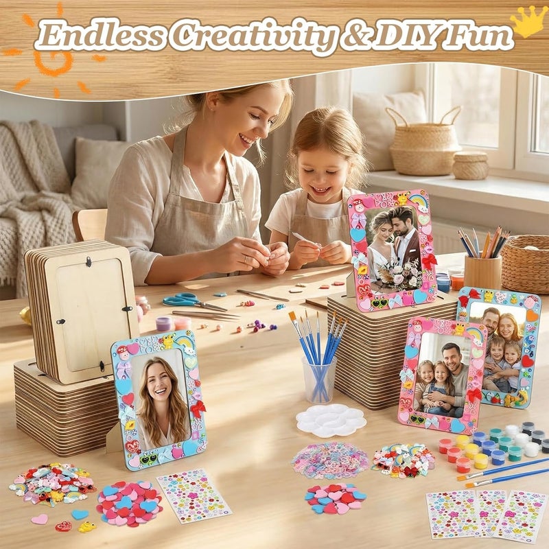 JMUQ Picture Frame Painting Craft Kit,24 Pack Unfinished Wooden Picture Frames 4 x 6 Inch with Pearl Resin Diamond and Foam Stickers for DIY Paint and Decorate Craft Birthday Wedding Gifts - Image 5