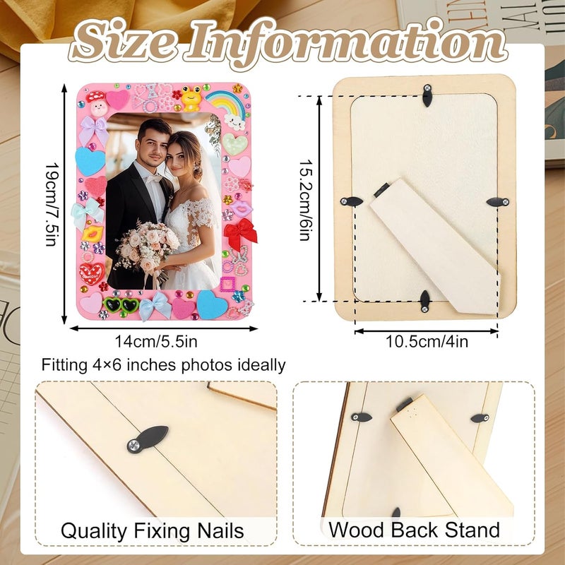 JMUQ Picture Frame Painting Craft Kit,24 Pack Unfinished Wooden Picture Frames 4 x 6 Inch with Pearl Resin Diamond and Foam Stickers for DIY Paint and Decorate Craft Birthday Wedding Gifts - Image 3