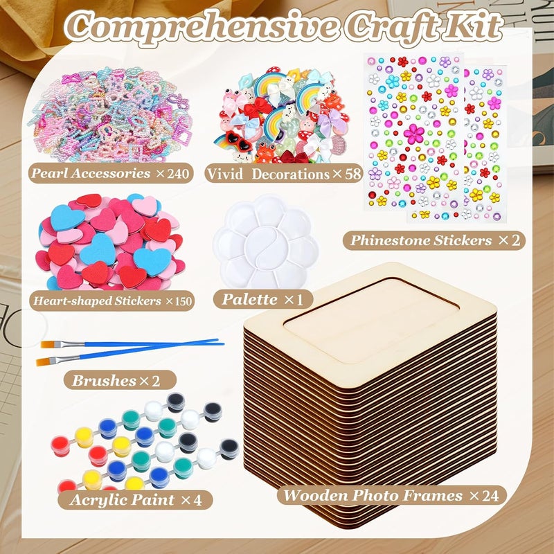 JMUQ Picture Frame Painting Craft Kit,24 Pack Unfinished Wooden Picture Frames 4 x 6 Inch with Pearl Resin Diamond and Foam Stickers for DIY Paint and Decorate Craft Birthday Wedding Gifts - Image 2