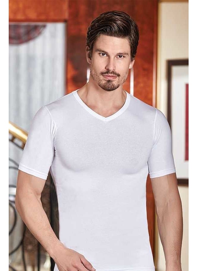 Berrak Clear V Neck Lycra Single Jersey Combed Cotton Men's Athlete - 1027-WHITE 