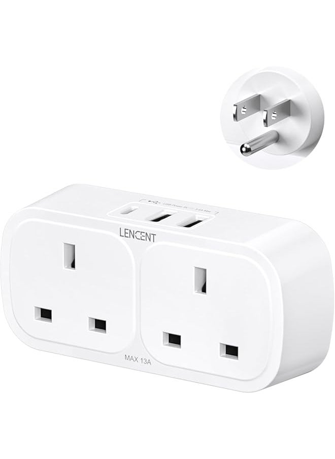 Lencent LENCENT UK to US USA Plug Adaptor with 1 Type C and 2 USB Ports, 2 Way Grounded America Travel Adapter for the United States, Mexico, Canada, Thailand, the Philippines and More (Type B)  - Image 1