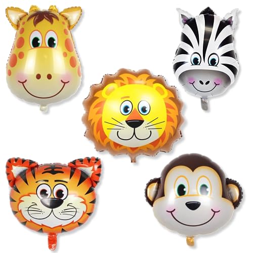 Flyloons Jungle Safari Animal Foil balloon 5 Pcs Set with Lion, Monkey, Tiger, Zebra, Giraffe Theme Birthday decoration items for Girls Boys Kids - Image 1
