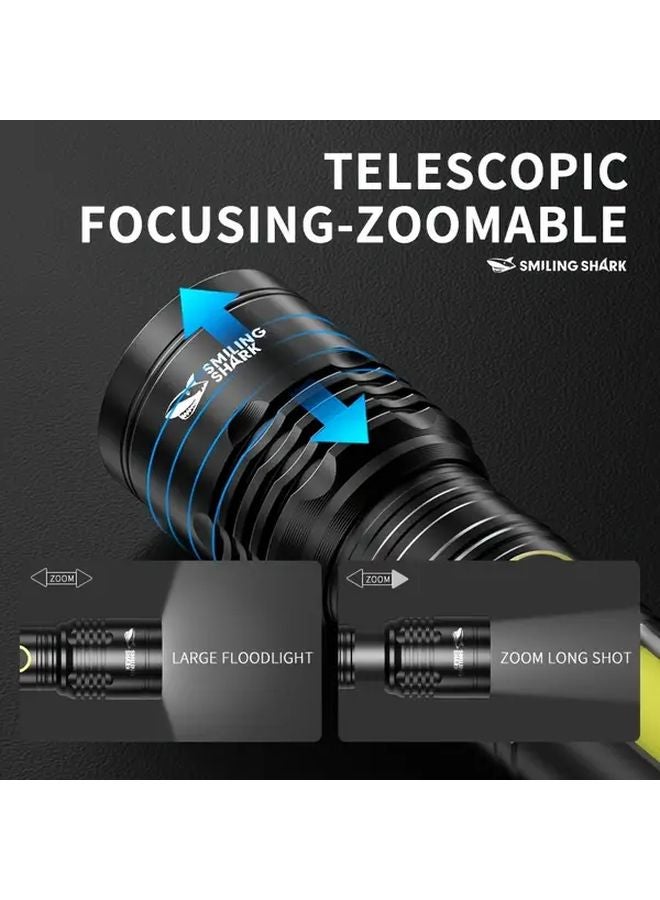 Black Smiling Shark Rechargeable Flashlight High Lumens Zoomable LED Torch 6 Modes - Image 5