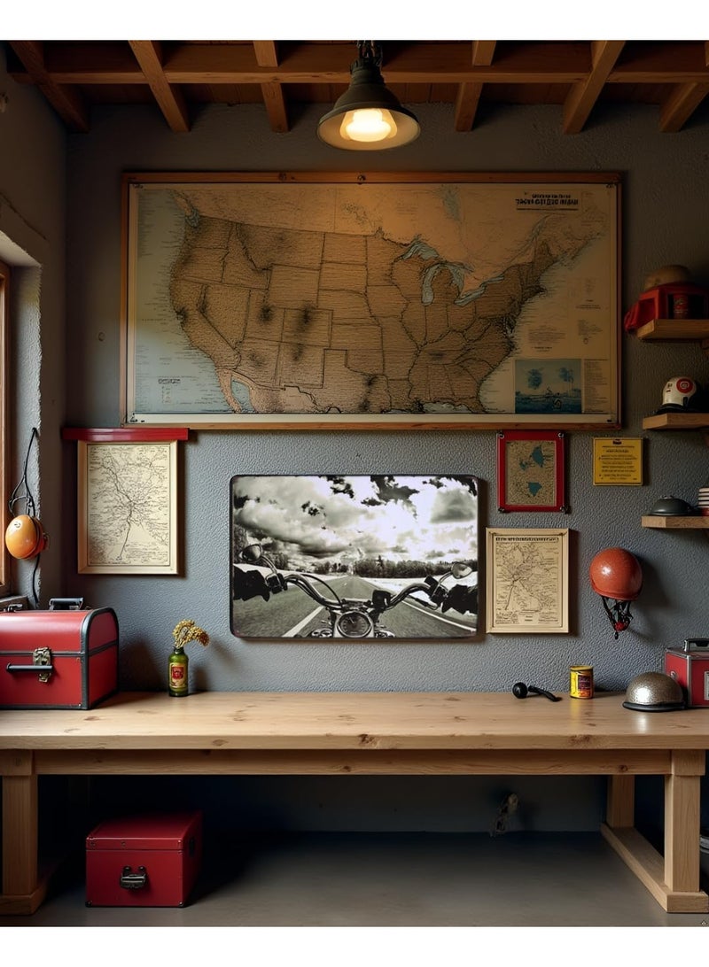 الكوتش لوحة ديكورية معدنية بتصميم دراجة نارية وطريق مفتوح – ستايل كلاسيكي - Image 3