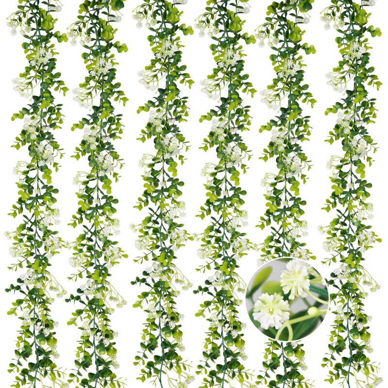HIAGROW 6FT Eucalyptus Garland with Flowers, 6 Pack Artificial Greenery Garland Hanging Faux Eucalyptus Garland Suitable for Table Wedding Backdrop Arch Wall Party UV Protected Indoor Outdoor Decor - Image 1