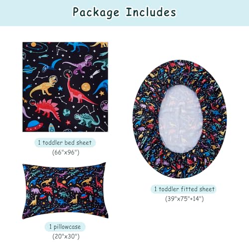 lasoftan Kids Sheet Set Twin Size, Twin Sheet Set with Space Dinosaur Pattern，Breathable Silky Soft Microfiber Kids Fitted Sheet - Image 2