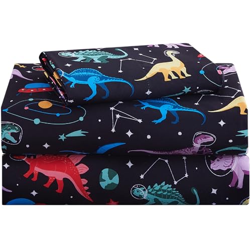lasoftan Kids Sheet Set Twin Size, Twin Sheet Set with Space Dinosaur Pattern，Breathable Silky Soft Microfiber Kids Fitted Sheet - Image 1