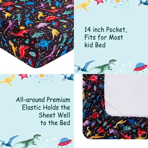 lasoftan Kids Sheet Set Twin Size, Twin Sheet Set with Space Dinosaur Pattern，Breathable Silky Soft Microfiber Kids Fitted Sheet - Image 4