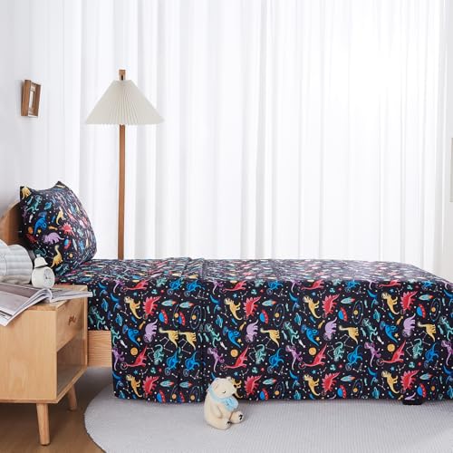 lasoftan Kids Sheet Set Twin Size, Twin Sheet Set with Space Dinosaur Pattern，Breathable Silky Soft Microfiber Kids Fitted Sheet - Image 5