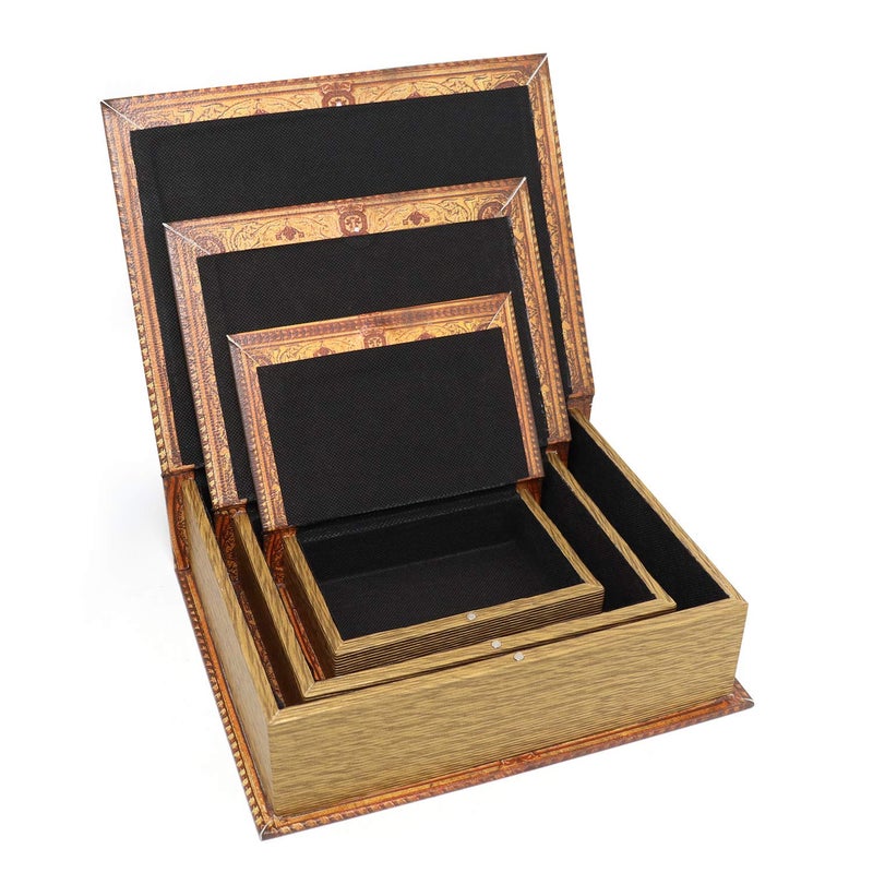 Jolitac Decorative Book Boxes World Map Pattern Antique Book Invisible Box With Magnetic Cover  Faux Wood Set Of 3 Storage Set (Classic) - Image 4