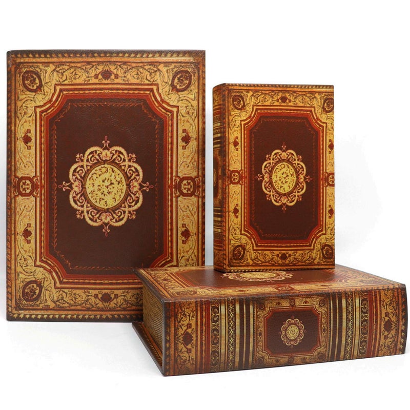 Jolitac Decorative Book Boxes World Map Pattern Antique Book Invisible Box With Magnetic Cover  Faux Wood Set Of 3 Storage Set (Classic) - Image 1