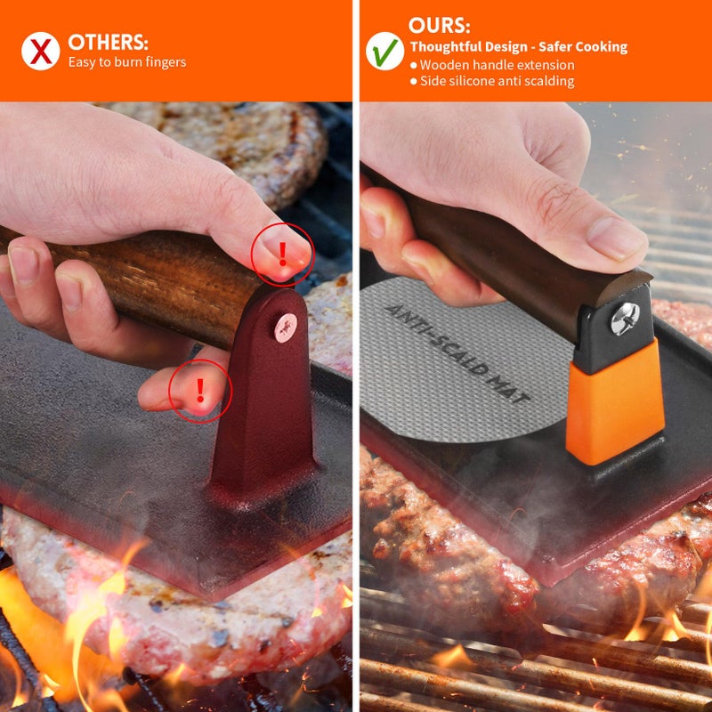 GGC Bacon Press for Griddle, Cast Iron Smash Burger Press for Hamburger, Steak, Bacon, Sandwiches, 8"x 4" Rectangle Meat Press with Wooden Handle for Grill and Griddle Cooking(10Pcs Patty Paper) - Image 5