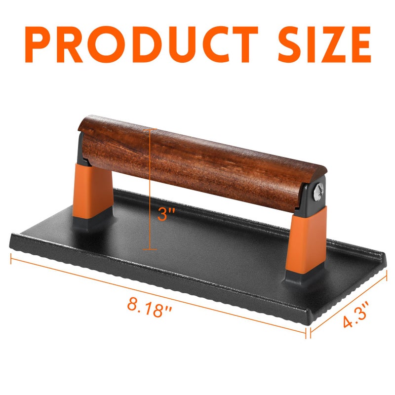 GGC Bacon Press for Griddle, Cast Iron Smash Burger Press for Hamburger, Steak, Bacon, Sandwiches, 8"x 4" Rectangle Meat Press with Wooden Handle for Grill and Griddle Cooking(10Pcs Patty Paper) - Image 3