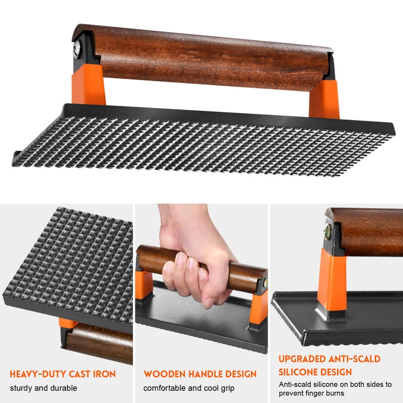 GGC Bacon Press for Griddle, Cast Iron Smash Burger Press for Hamburger, Steak, Bacon, Sandwiches, 8"x 4" Rectangle Meat Press with Wooden Handle for Grill and Griddle Cooking(10Pcs Patty Paper) - Image 4