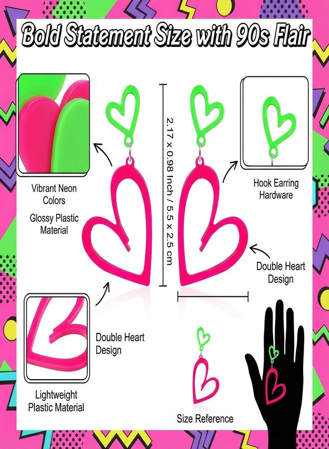 Joyline 80s 90s Outfit for Women Acrylic Neon Heart Earrings Party Accessories Valentine's Day Gifts (Green and Pink) - Image 3