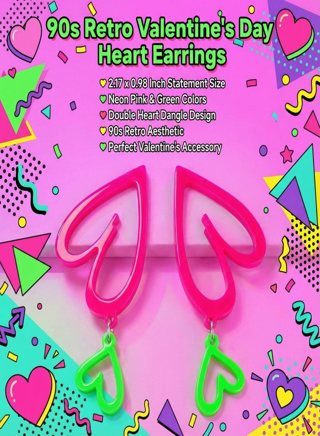 Joyline 80s 90s Outfit for Women Acrylic Neon Heart Earrings Party Accessories Valentine's Day Gifts (Green and Pink) - Image 5
