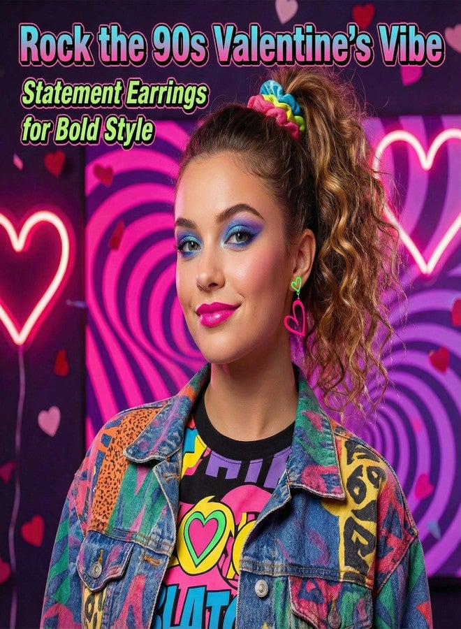 Joyline 80s 90s Outfit for Women Acrylic Neon Heart Earrings Party Accessories Valentine's Day Gifts (Green and Pink) - Image 2