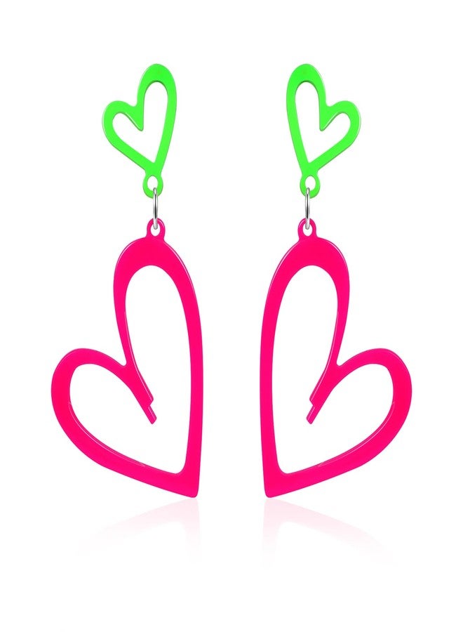 Joyline 80s 90s Outfit for Women Acrylic Neon Heart Earrings Party Accessories Valentine's Day Gifts (Green and Pink) - Image 1