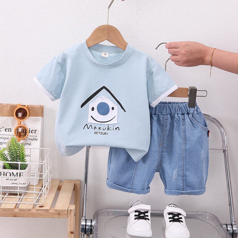 2023 Childrens Wear Summer New Boys Baby Cartoon Big Nose House Short-sleeved Denim Shorts Two-piece Fashionable Light Blue 