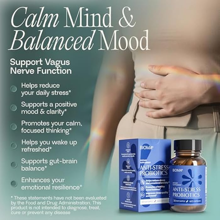 BIOMA Anti-Stress Probiotics – 3-in-1 Gut-Brain Axis Support for Stress Relief & Mood – Prebiotics, Postbiotics & Clinically Studied Strains – Vagus Nerve, Serotonin & Digestive Support – 60 Capsules - Image 2